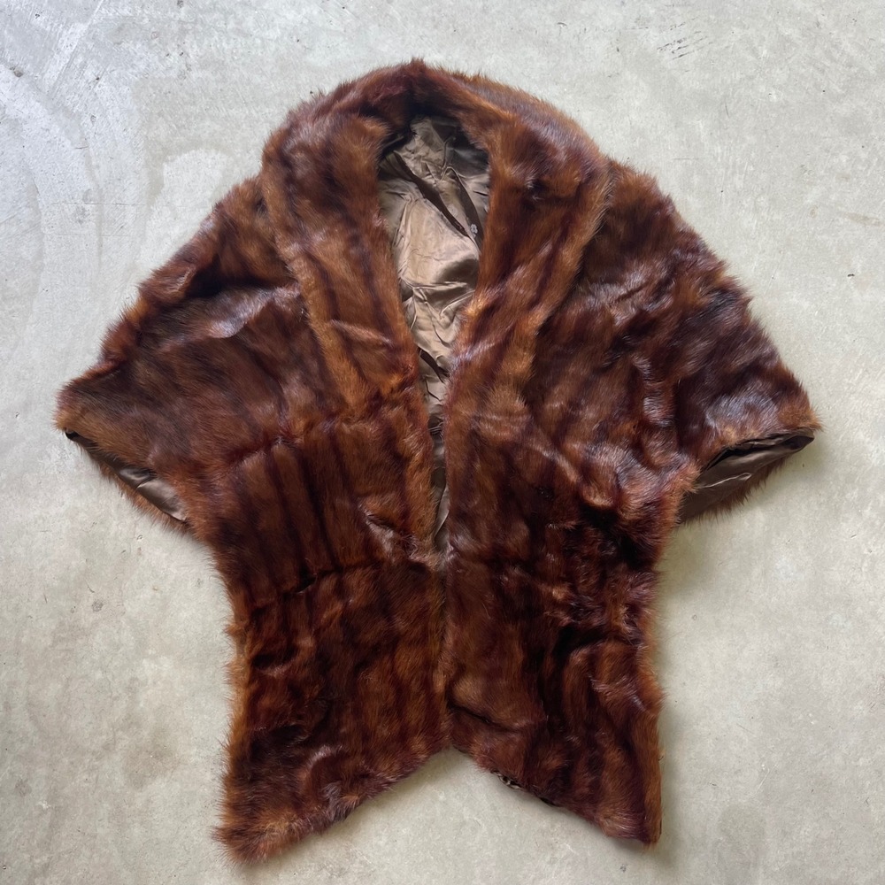 Vintage Brown Mink Fur Stole Wrap Shawl Floral Lining Mahogany One Size
